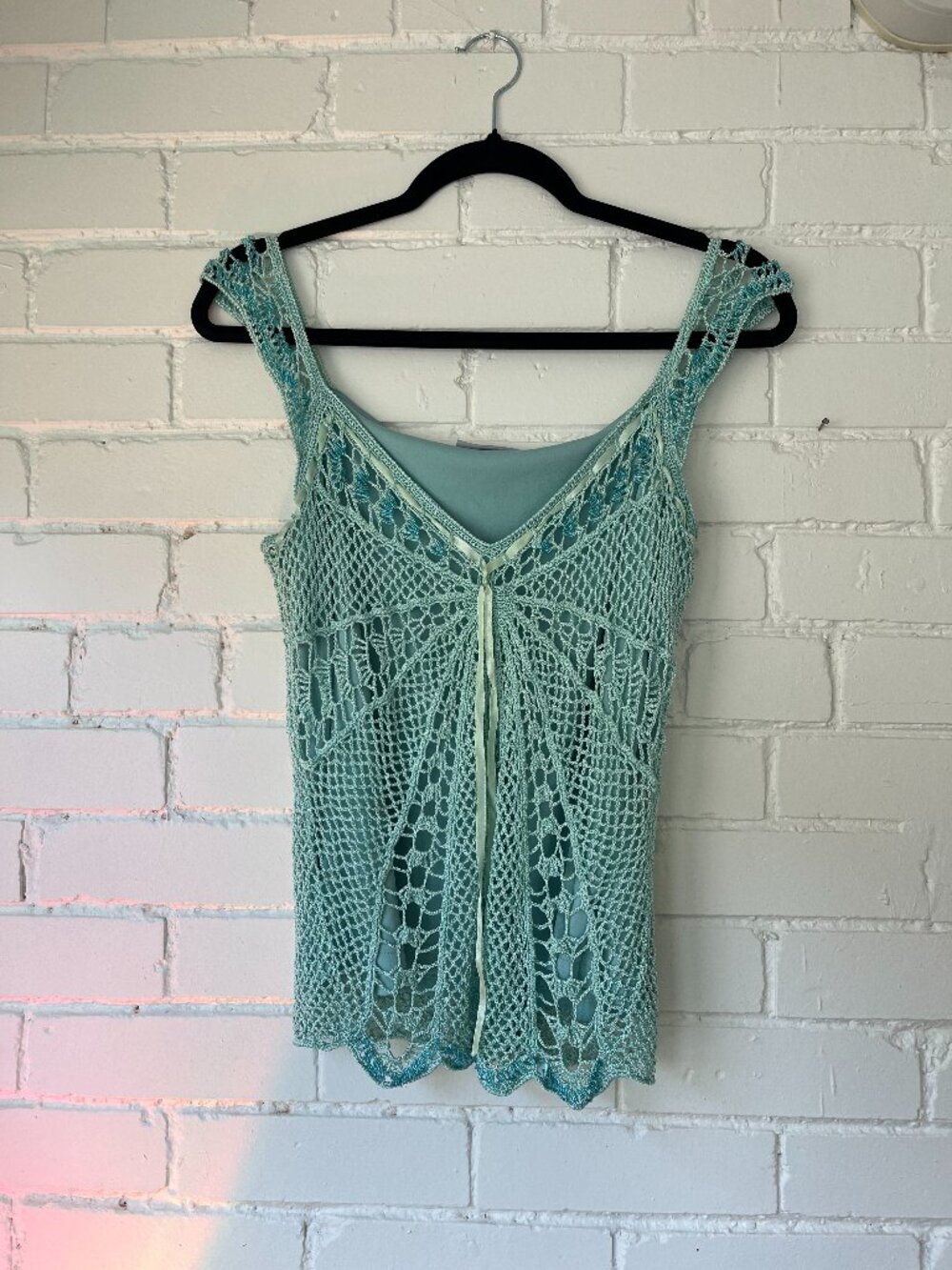 Crochet Aqua Beaded Embellished Top - Vintage
